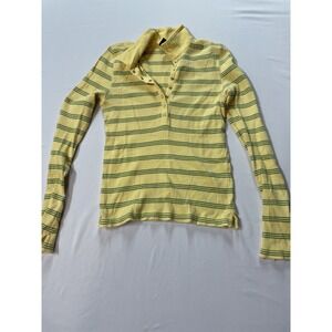 SO GSJC Butter Yellow Striped Ribbed V Neck Polo Snap Long Sleeve 90s Y2K Slim